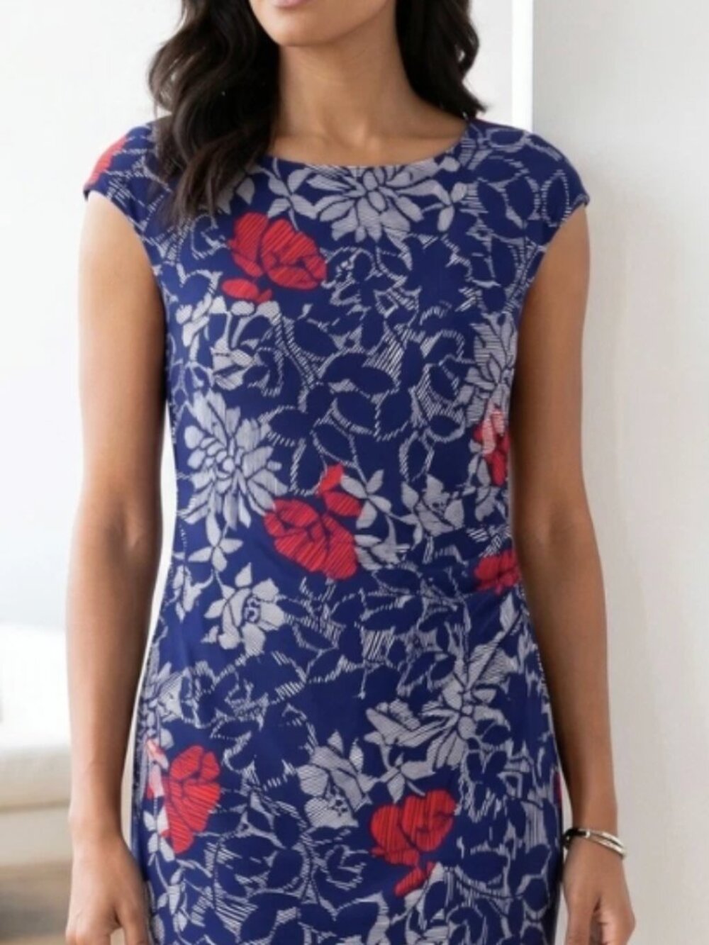 Kasper Americana Navy w/ bold Red and White Floral Print Ruched Waist Dress 8